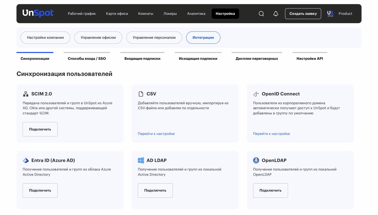 Вкладка «Синхронизации»: карточки синхронизации пользователей, в том числе Entra ID (Azure AD)
