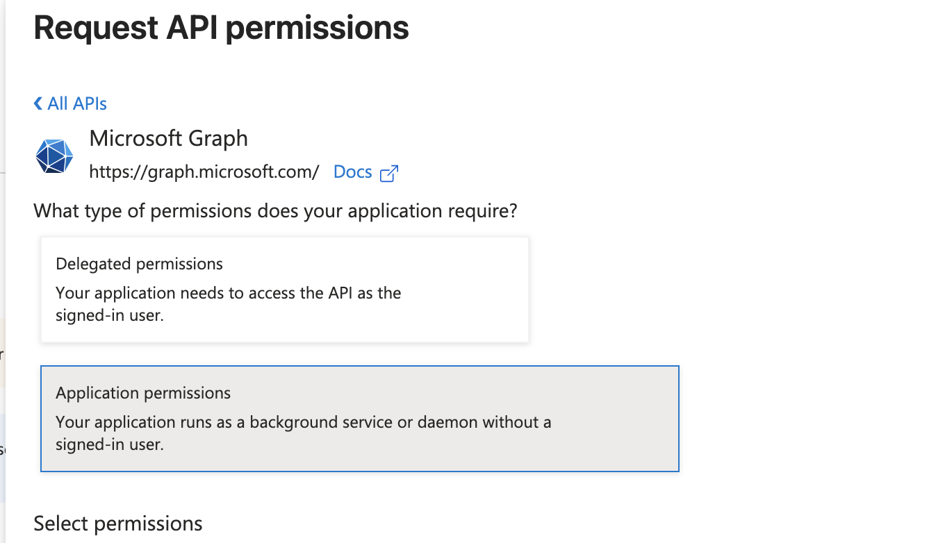 Request API permissions: Microsoft Graph, тип Application permissions