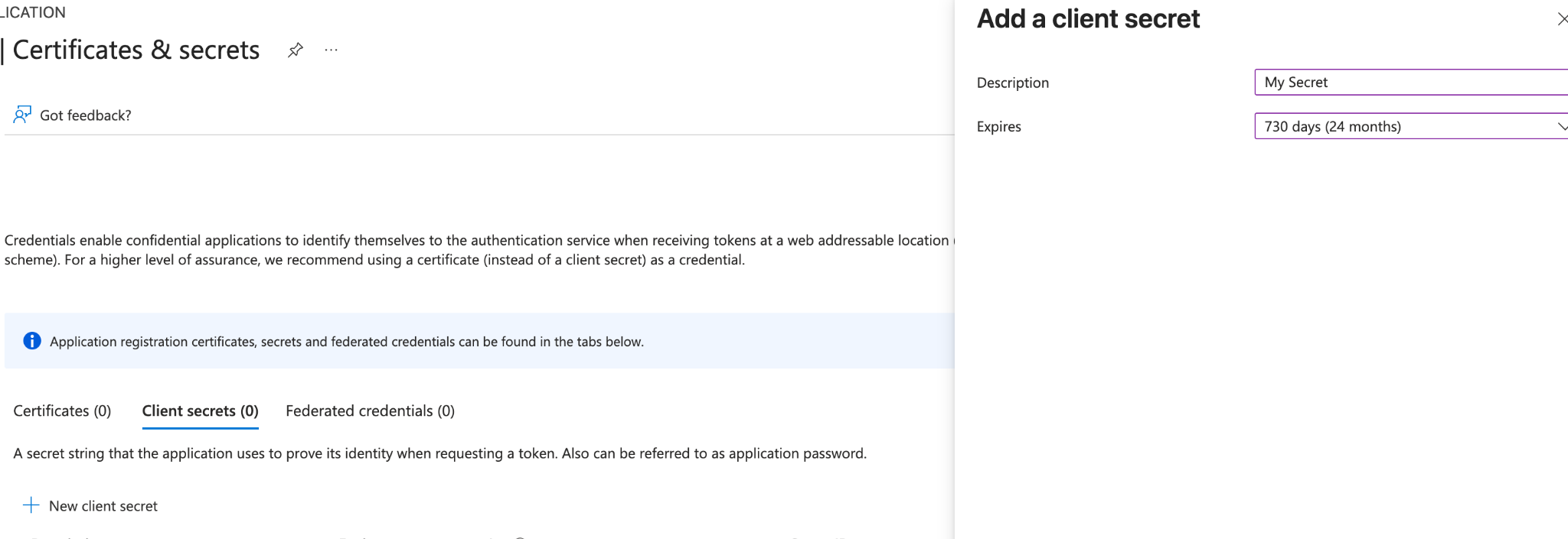 Панель Add a client secret: описание и срок действия секрета