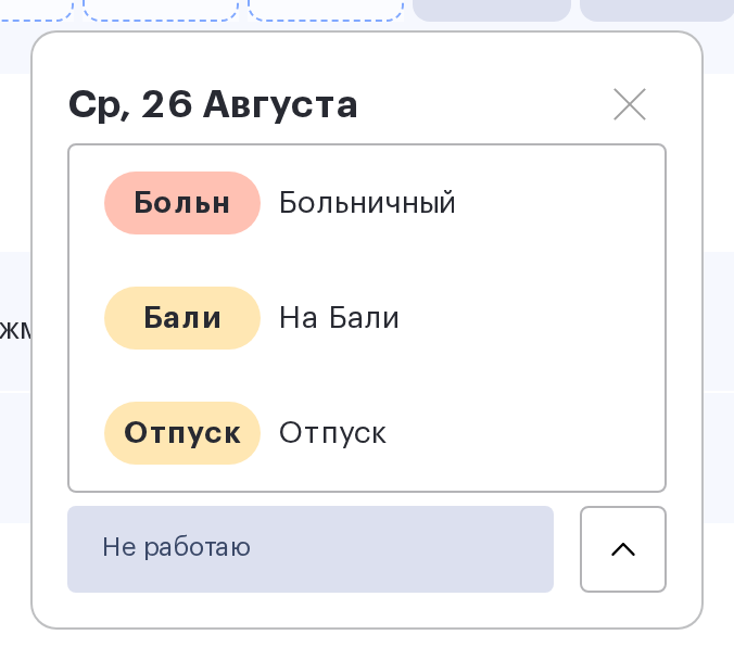 Раскрытый список уточняющих статусов группы «Не работаю»: «Больничный», «На Бали», «Отпуск»